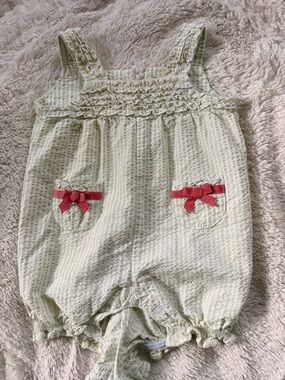 Baby Girls Light Green Striped Romper with Pink Bow Accents
